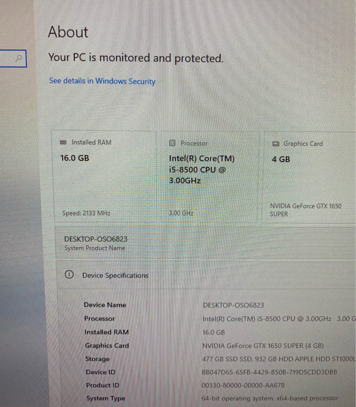 GAMING PC - INTEL I5 / 16GB / GTX 1650 Super 1.5TB