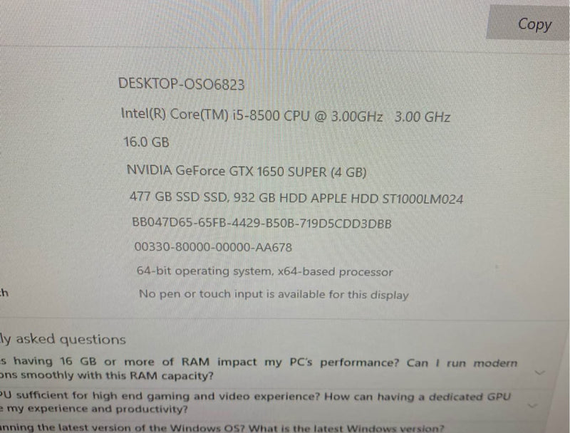 GAMING PC - INTEL I5 / 16GB / GTX 1650 Super 1.5TB